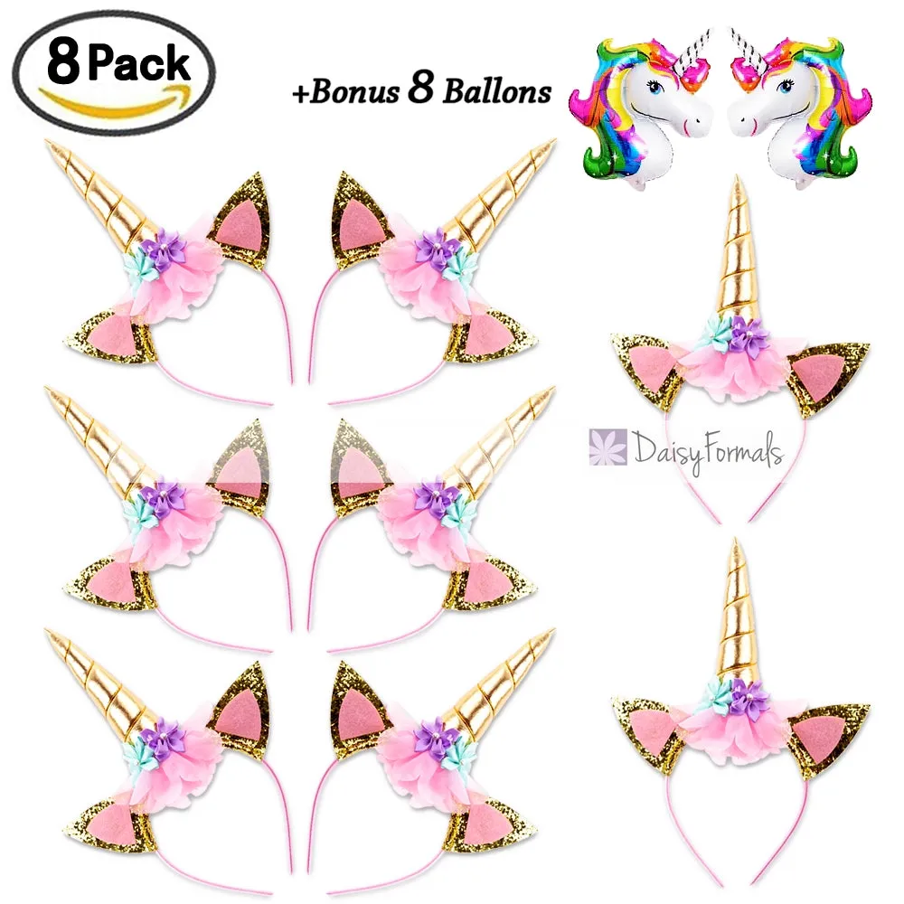 8 PCS Shining Gold Glitter Unicorn Horn Headbands Flowers Ears Headbands for Party Decoration or Cosplay Costume, Free Bonus- 8 PCS Unicorn Balloons