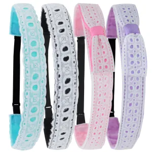 Adjustable No Slip Eyelet Lace Headbands - 4 Pack