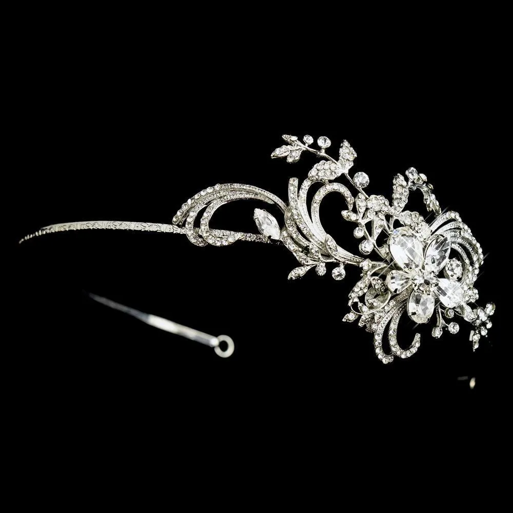 Antique Silver Side Accented Crystal Bridal Flower Headpiece