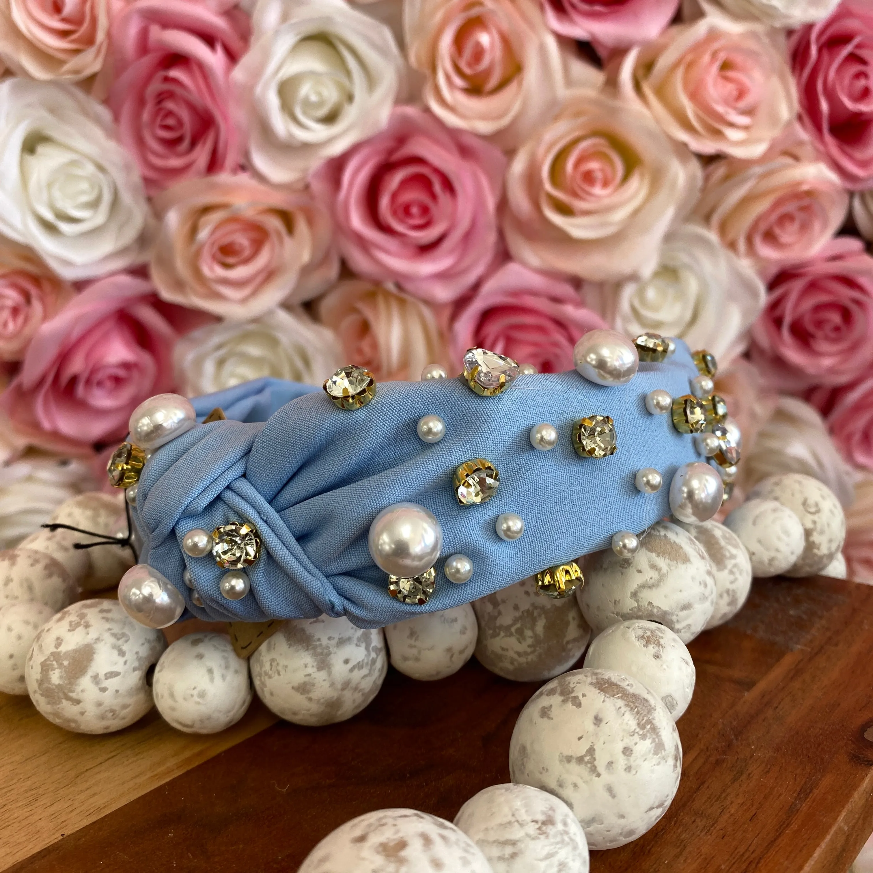 BABY BLUE PEARL & CRYSTAL STUDDED KNOTTED HEADBAND