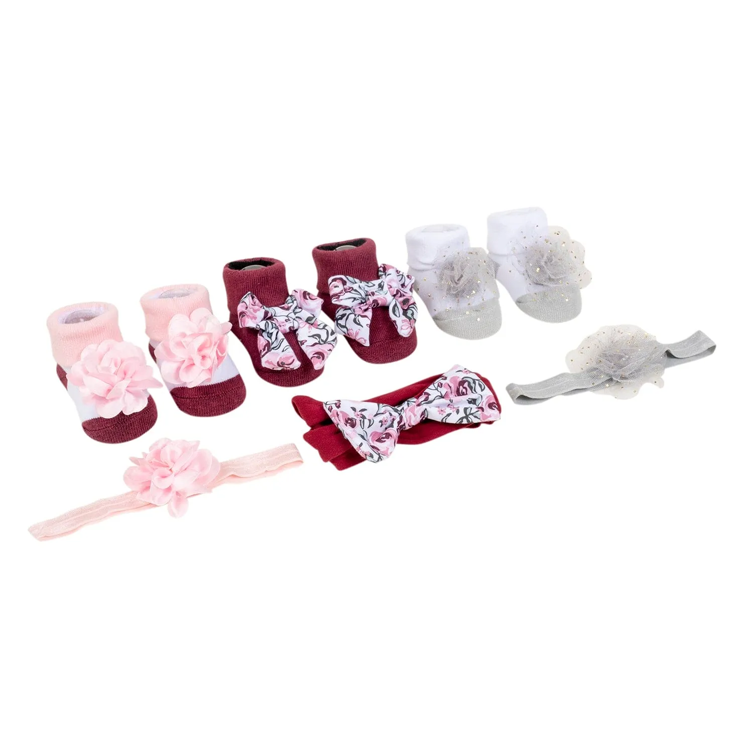 Baby Moo Floral Infant Girl 6-Piece Gift Hairband And Socks Set - Maroon