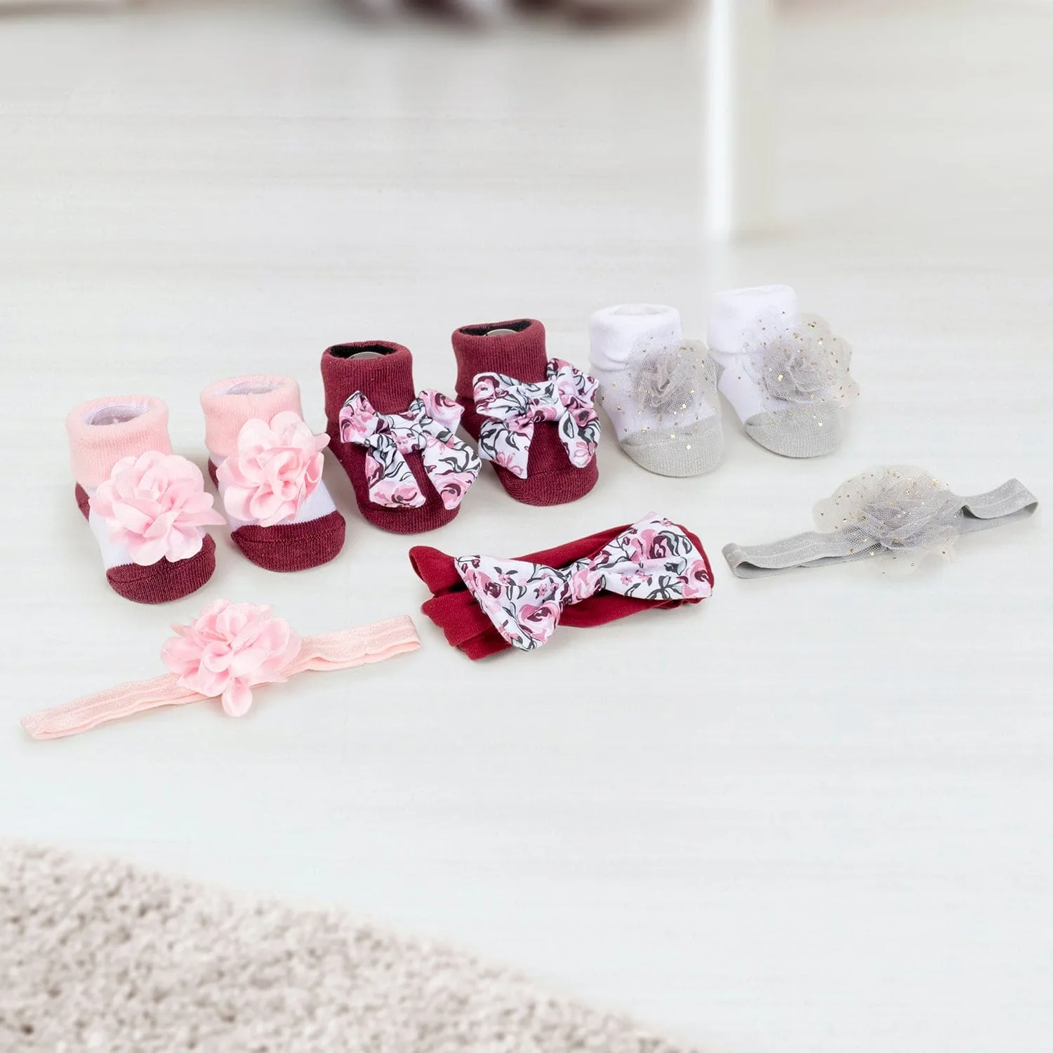 Baby Moo Floral Infant Girl 6-Piece Gift Hairband And Socks Set - Maroon