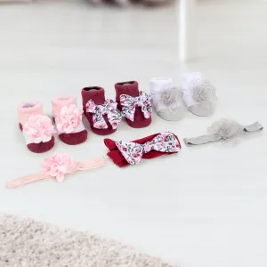 Baby Moo Floral Infant Girl 6-Piece Gift Hairband And Socks Set - Maroon