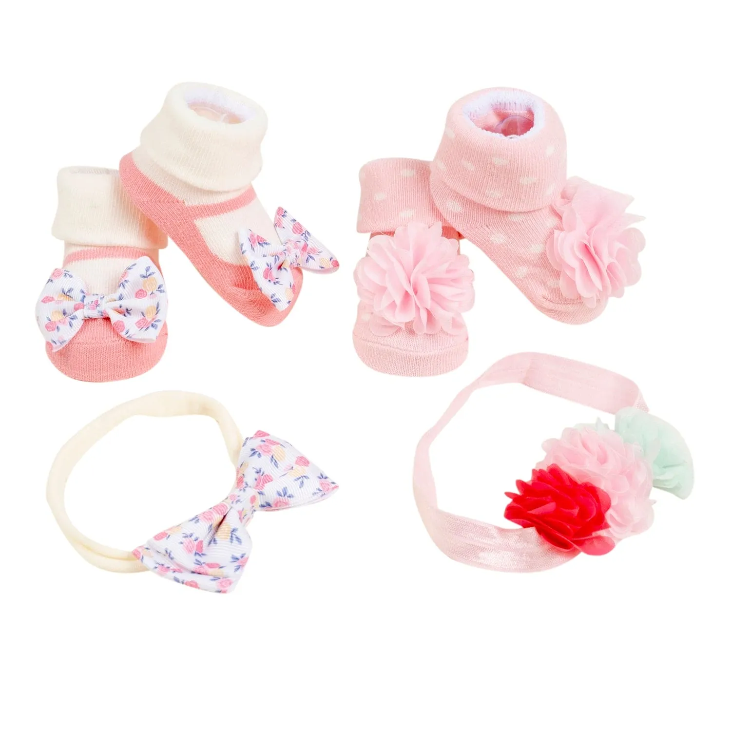 Baby Moo Pocket Full Of Posies Infant Girl 4-Piece Gift Hairband And Socks Set - Pink