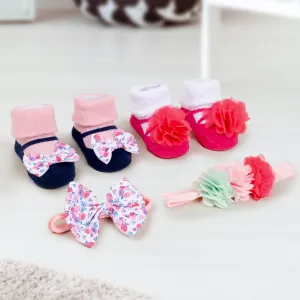 Baby Moo Ring a Ring o' Roses Infant Girl 4-Piece Gift Hairband And Socks Set - Pink