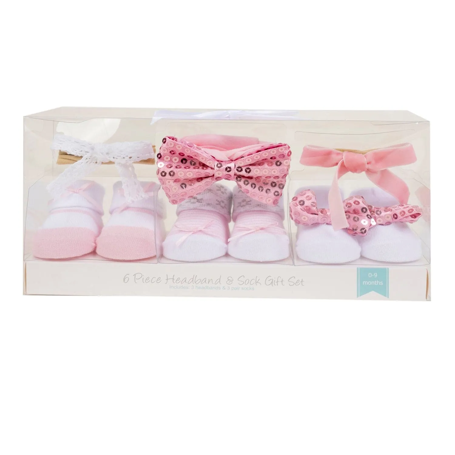 Baby Moo Sequined Infant Girl 6-Piece Gift Hairband And Socks Set - Pink