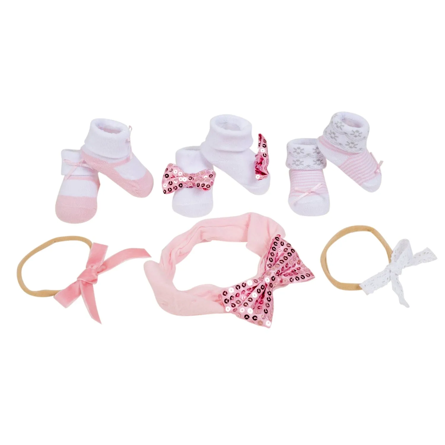 Baby Moo Sequined Infant Girl 6-Piece Gift Hairband And Socks Set - Pink