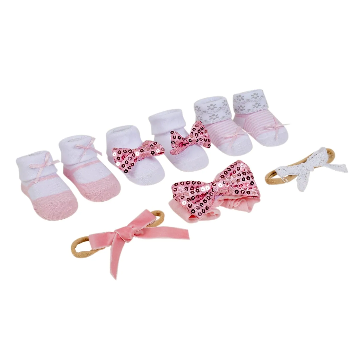 Baby Moo Sequined Infant Girl 6-Piece Gift Hairband And Socks Set - Pink