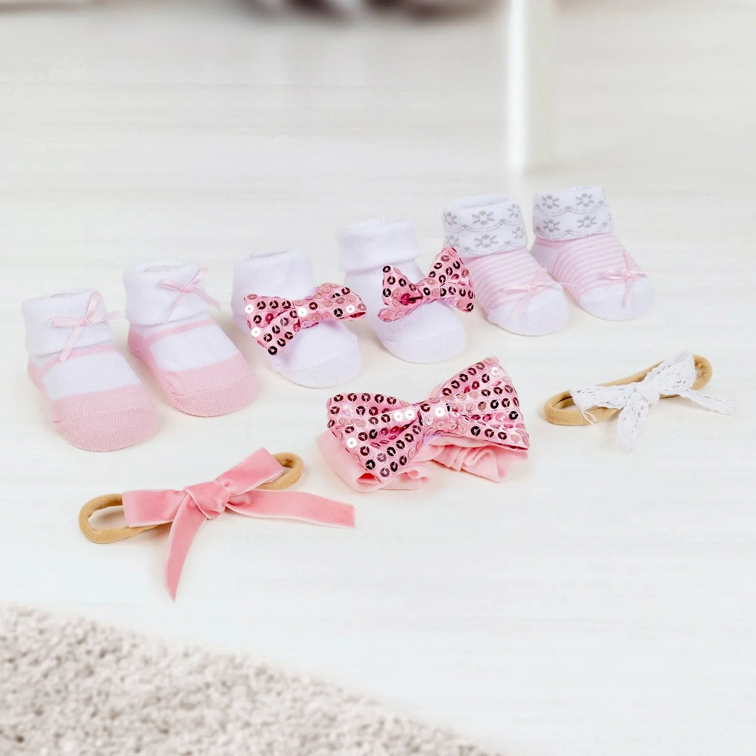 Baby Moo Sequined Infant Girl 6-Piece Gift Hairband And Socks Set - Pink