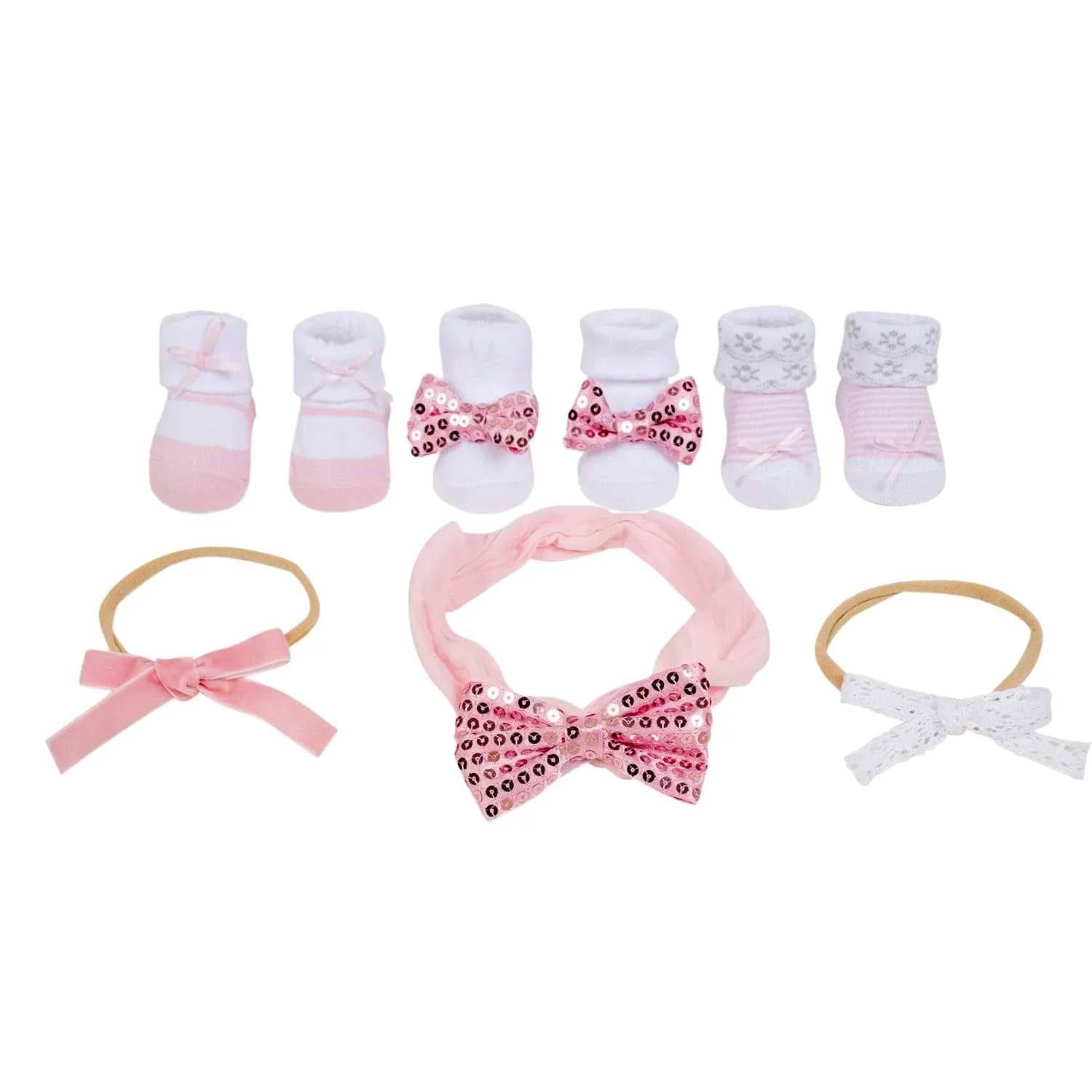 Baby Moo Sequined Infant Girl 6-Piece Gift Hairband And Socks Set - Pink