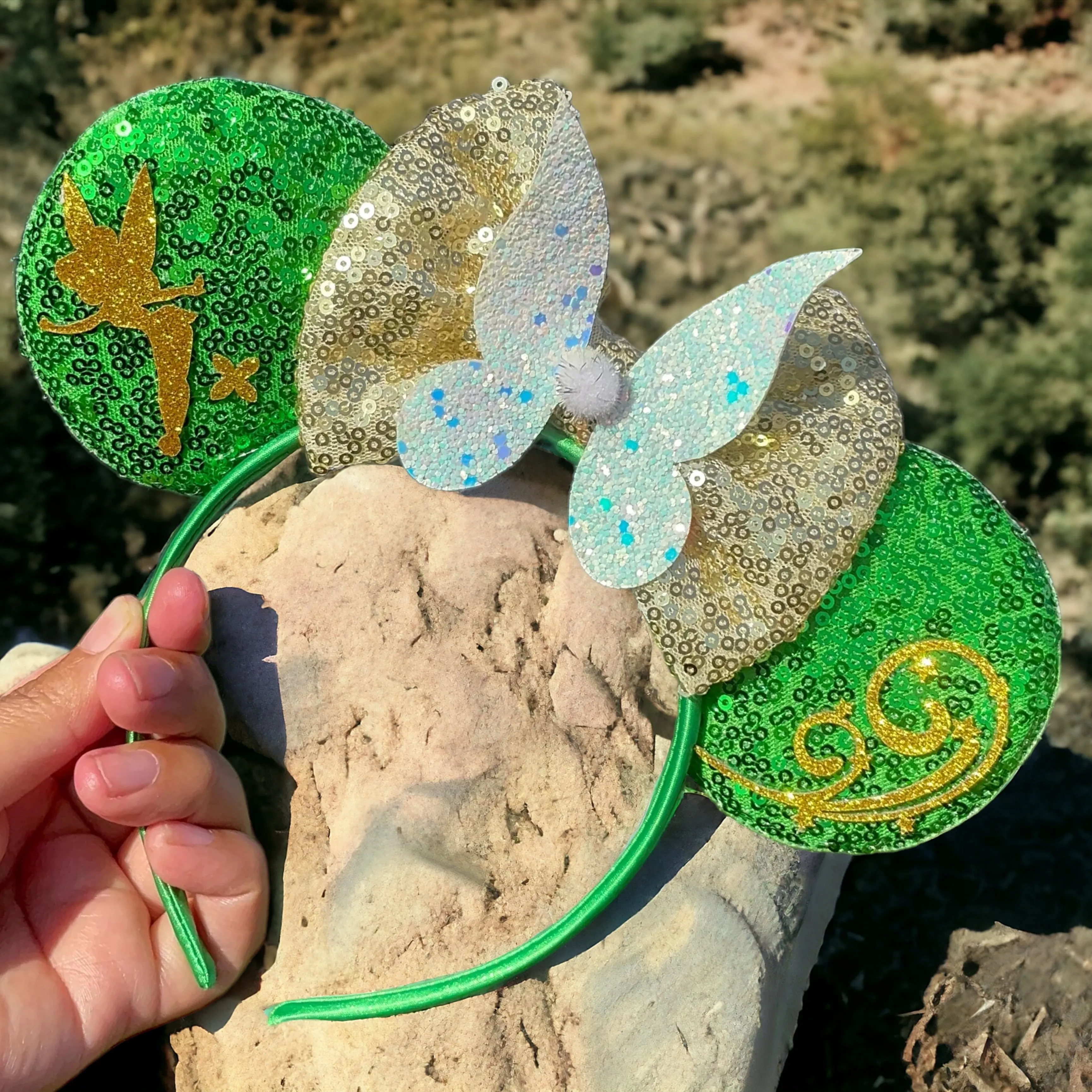 Brand New Tinkerbell Headband w/ Green Sequin Bow & Gold Gemstone - Disney Inspired!