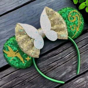 Brand New Tinkerbell Headband w/ Green Sequin Bow & Gold Gemstone - Disney Inspired!