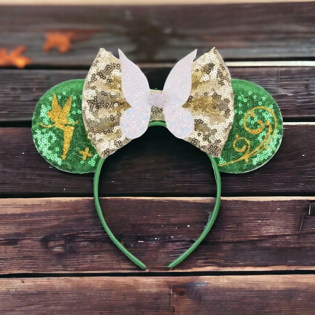 Brand New Tinkerbell Headband w/ Green Sequin Bow & Gold Gemstone - Disney Inspired!