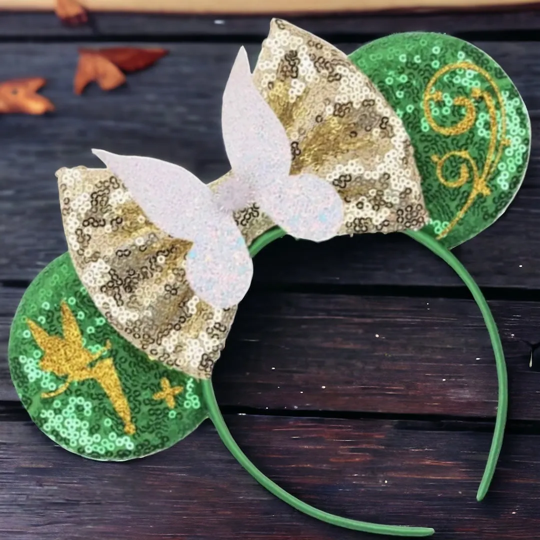 Brand New Tinkerbell Headband w/ Green Sequin Bow & Gold Gemstone - Disney Inspired!