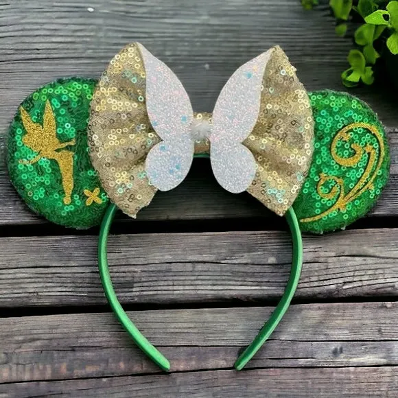 Brand New Tinkerbell Headband w/ Green Sequin Bow & Gold Gemstone - Disney Inspired!