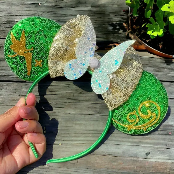 Brand New Tinkerbell Headband w/ Green Sequin Bow & Gold Gemstone - Disney Inspired!