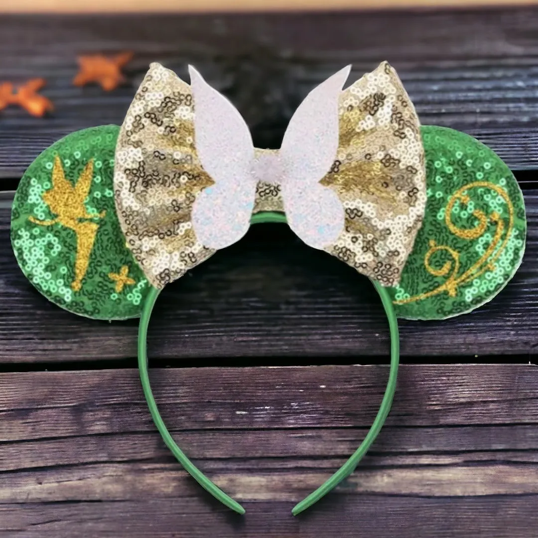 Brand New Tinkerbell Headband w/ Green Sequin Bow & Gold Gemstone - Disney Inspired!