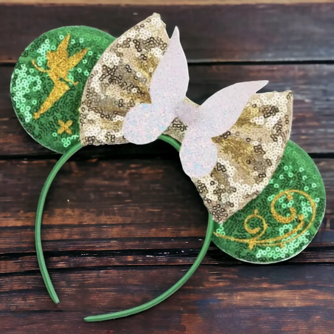 Brand New Tinkerbell Headband w/ Green Sequin Bow & Gold Gemstone - Disney Inspired!