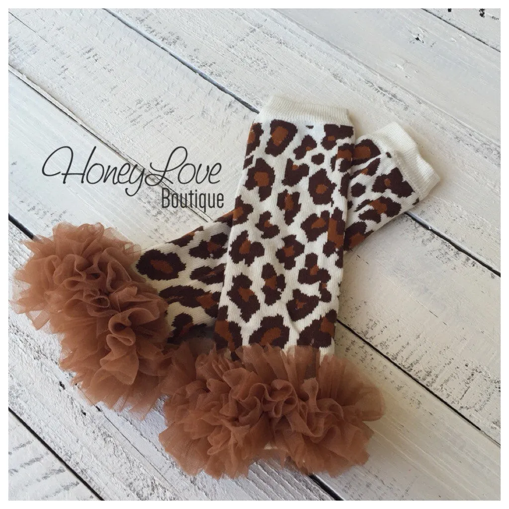 Brown ruffle bloomers diaper cover  - Leopard print ruffle bottom leg warmers - matching headband