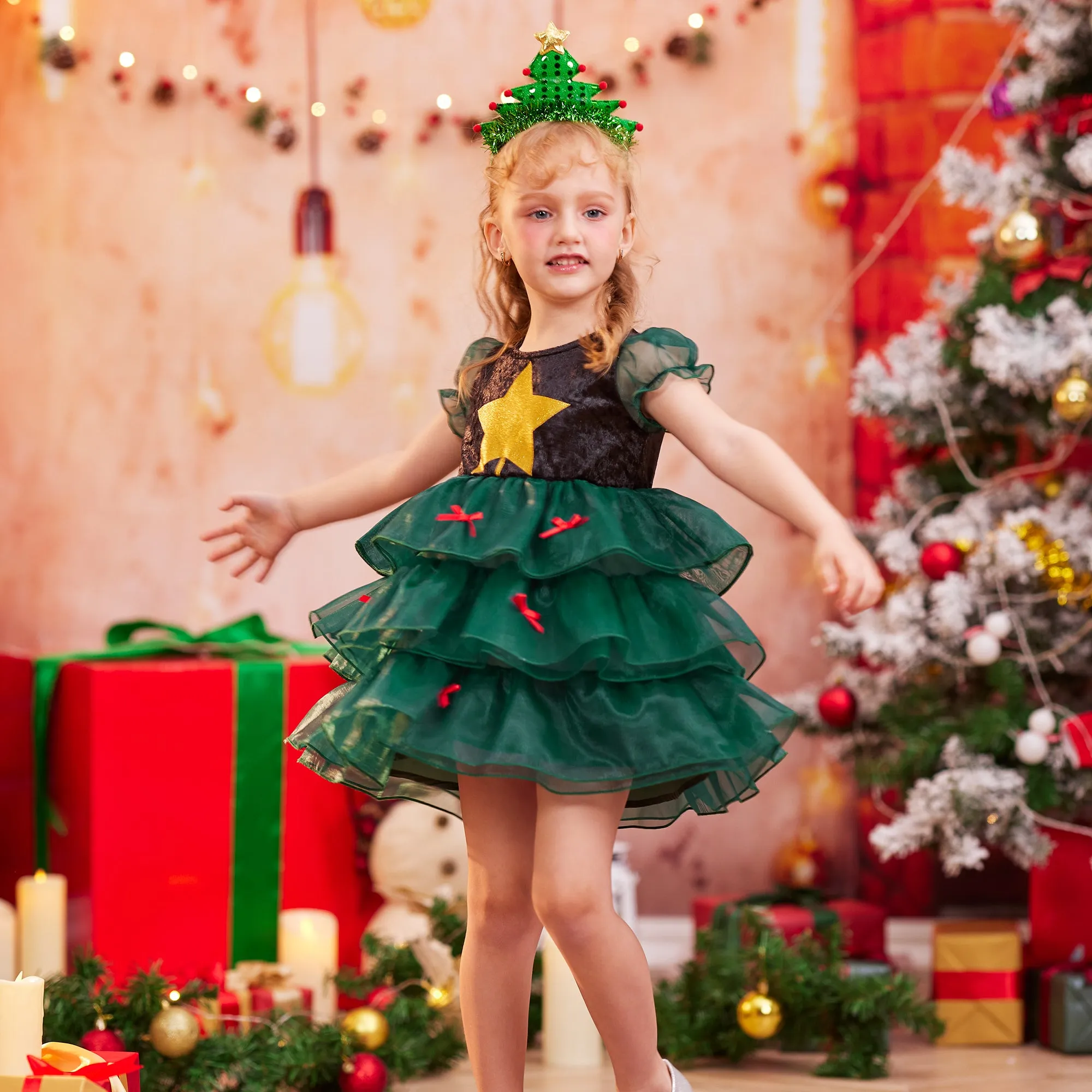 Christmas Tree Costumes for Girls, Xmas Outfit Clothes Toddler Gift Dress Up Kids Story Pretend Happy Holidays 3-10y