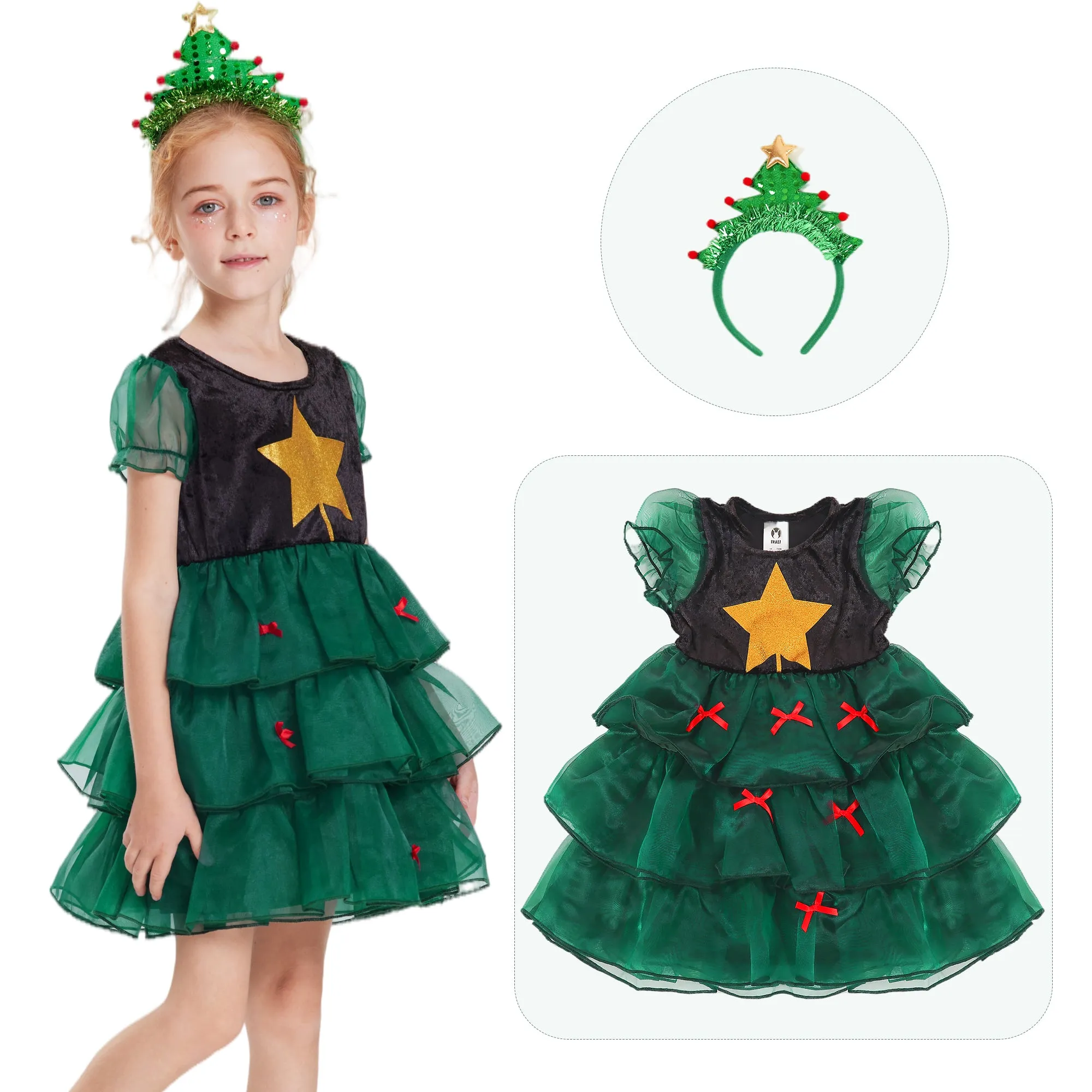 Christmas Tree Costumes for Girls, Xmas Outfit Clothes Toddler Gift Dress Up Kids Story Pretend Happy Holidays 3-10y