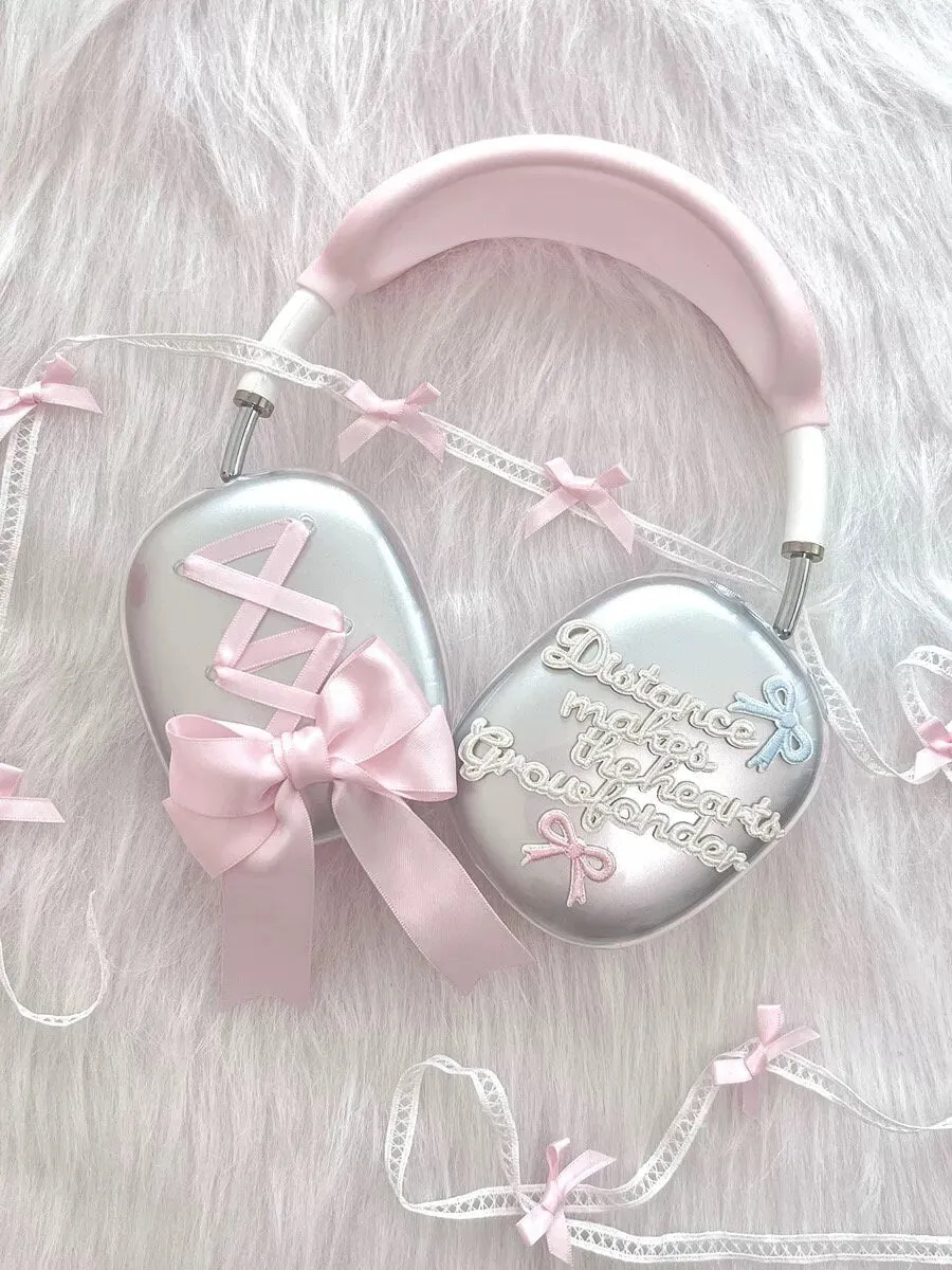 Cute Clear Pink Kawaii Lace Up Ribbon Words of Inspiration Coquette Design Protective Cover for AirPod Max Case, AirPods Max Accessories