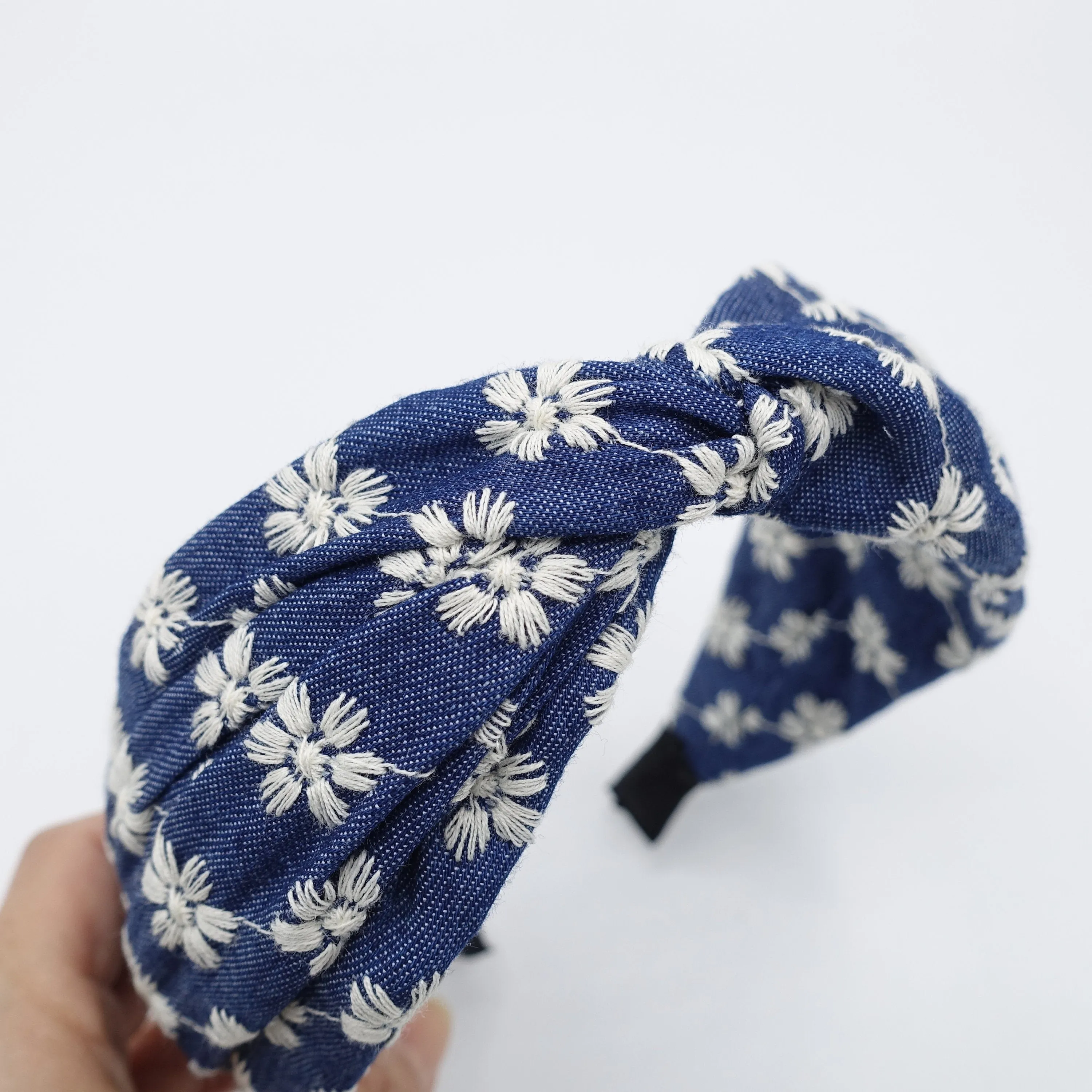 denim cross headband flower embroidered hairband for women