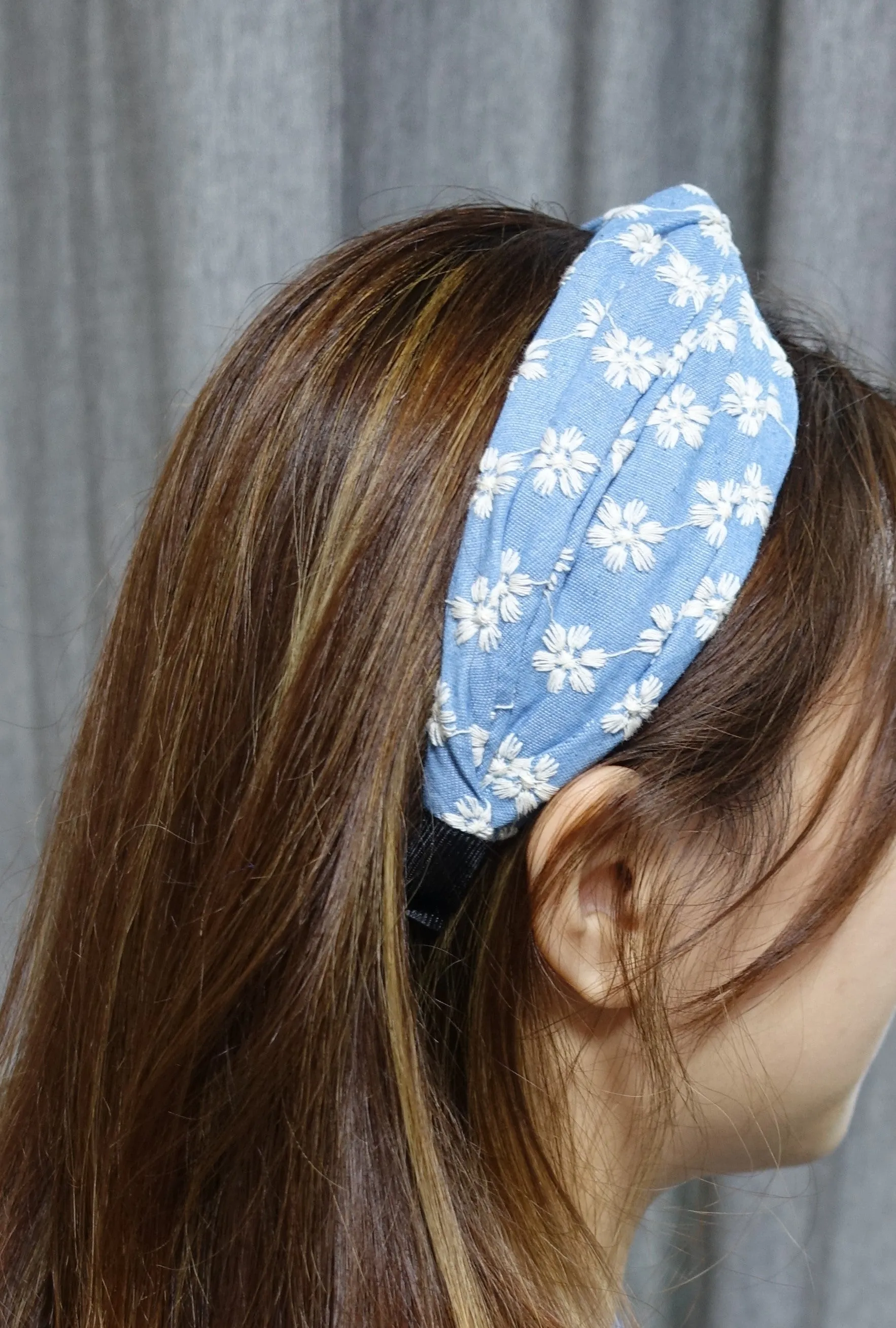 denim cross headband flower embroidered hairband for women