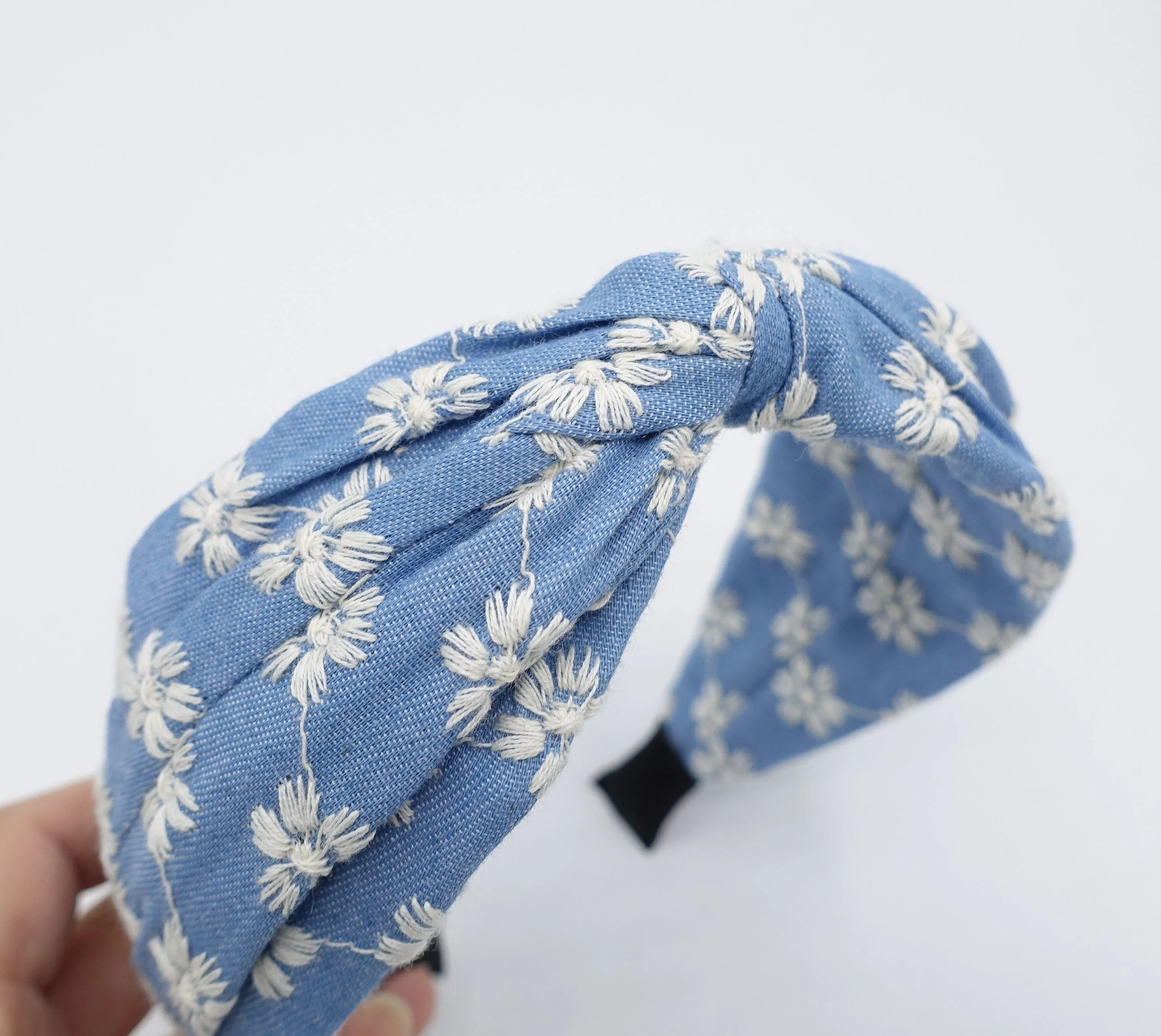 denim cross headband flower embroidered hairband for women