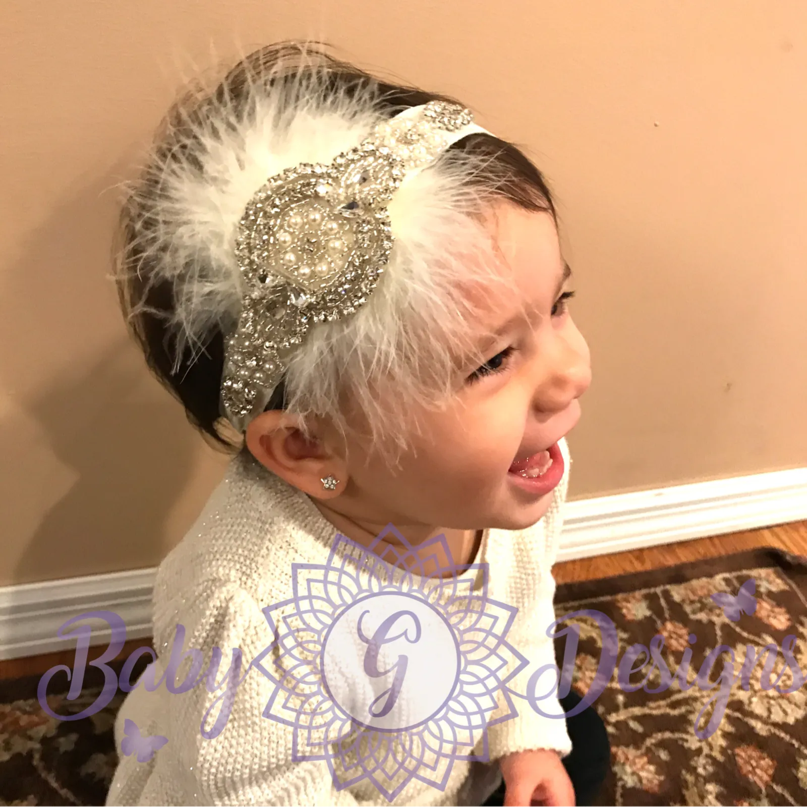 Feather and crystal headband ivory