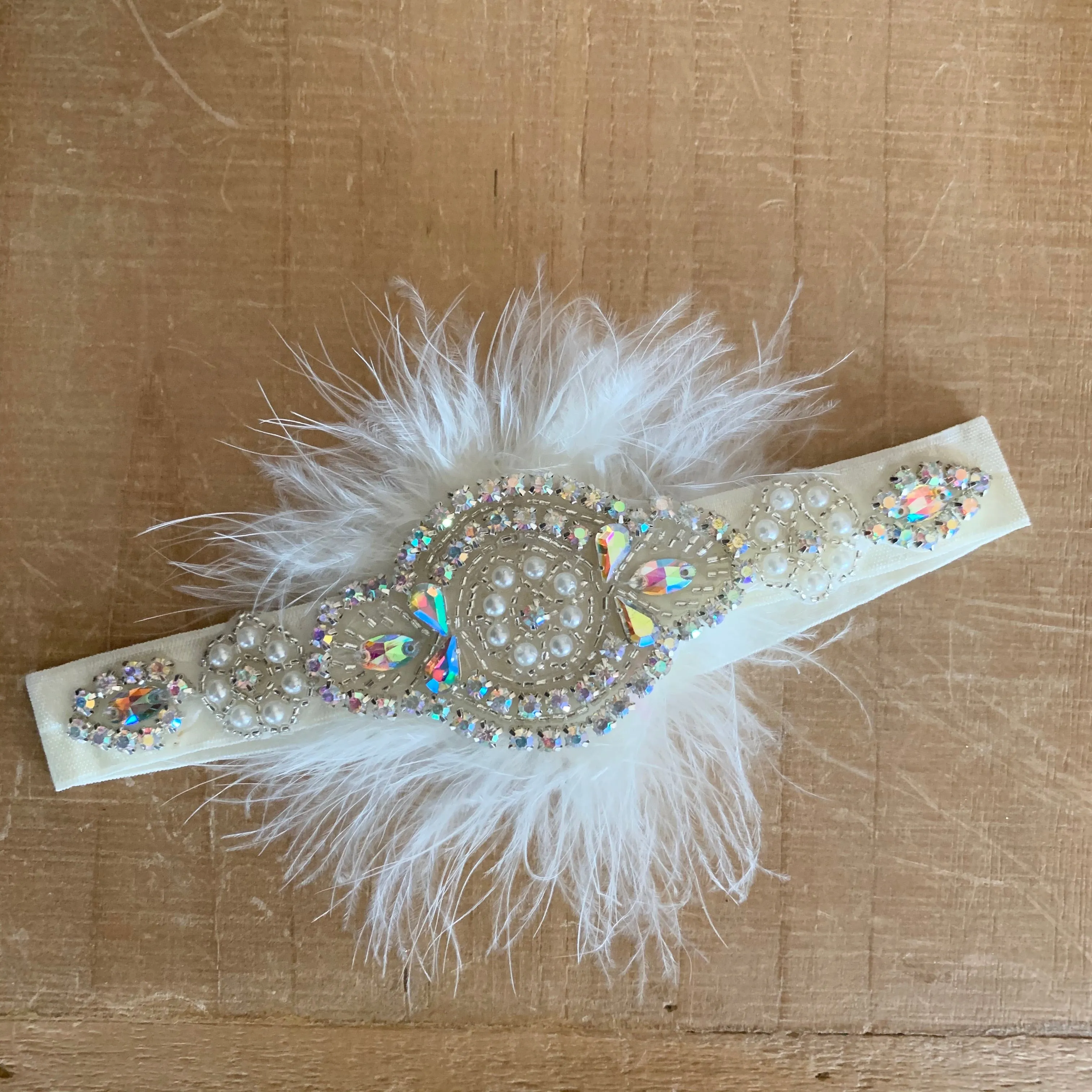 Feather and crystal headband ivory