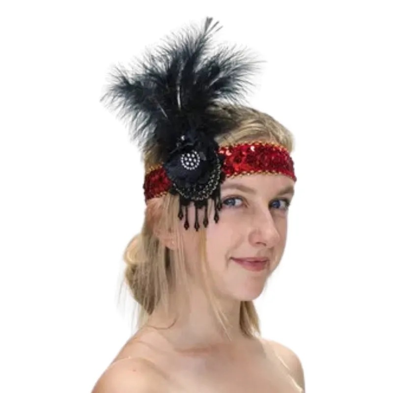 Flapper Headband Red/Blk Feather/Flower Headband