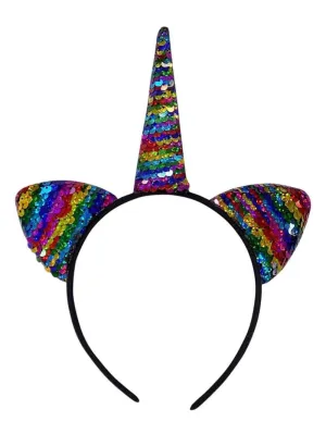 Flip Sequin Rainbow Unicorn Girls Headband Ears, Kid or Adult Size Costume Accessories