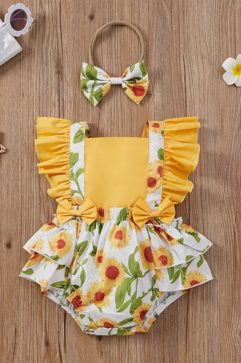 Floral Bowknot Romper with Headband