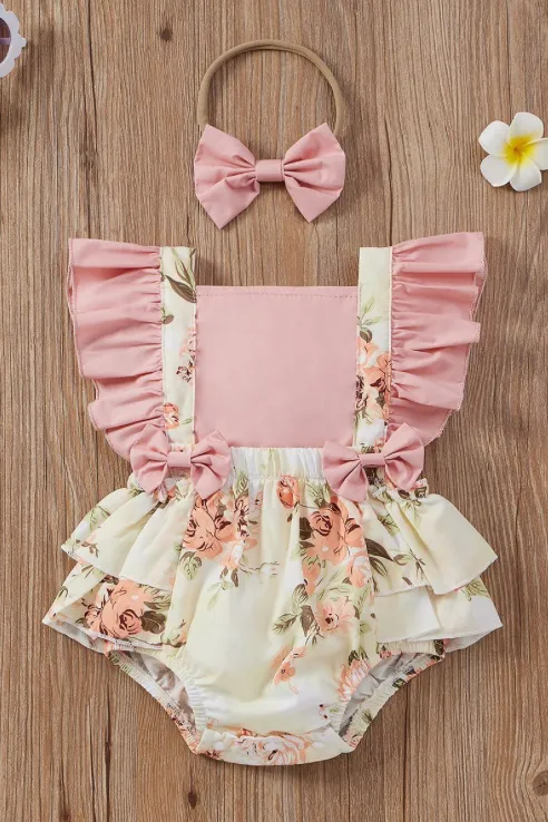 Floral Bowknot Romper with Headband