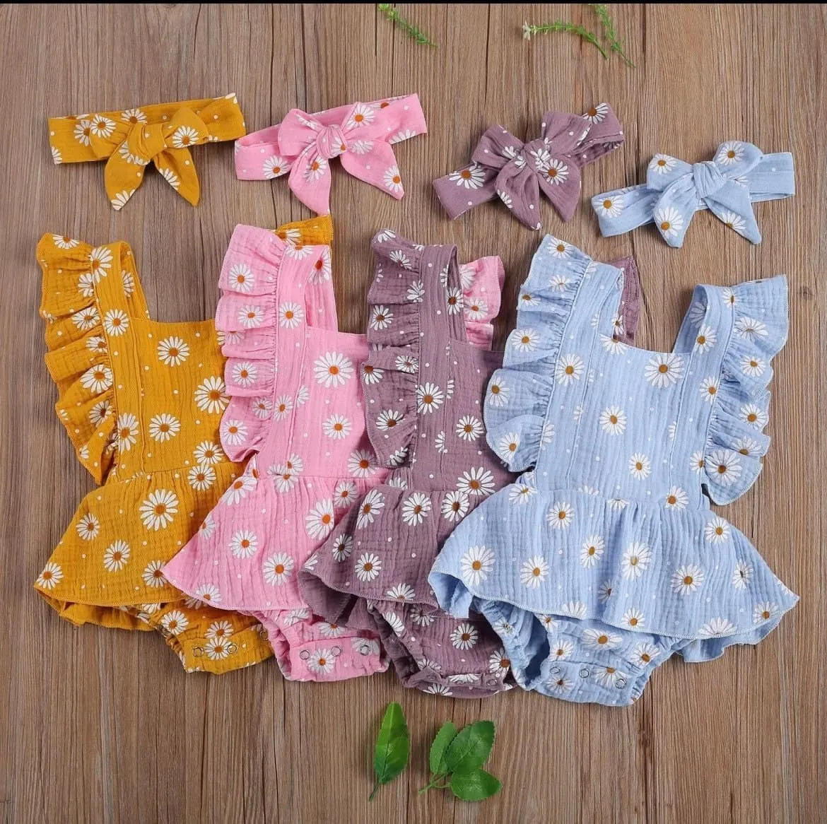 Girls Muslin Daisy Romper and Headband Set