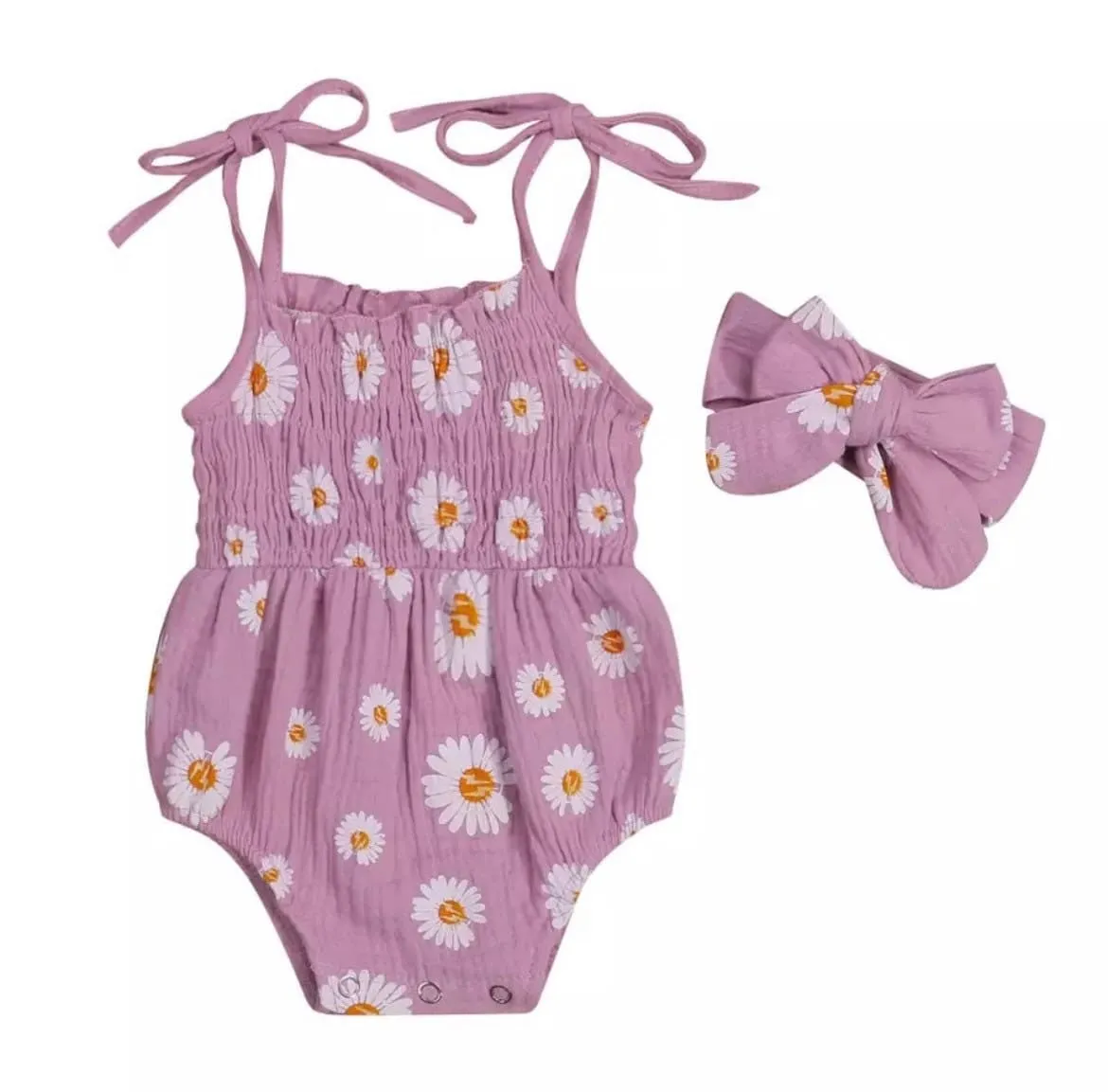 Girls Muslin Daisy Romper and Headband Set