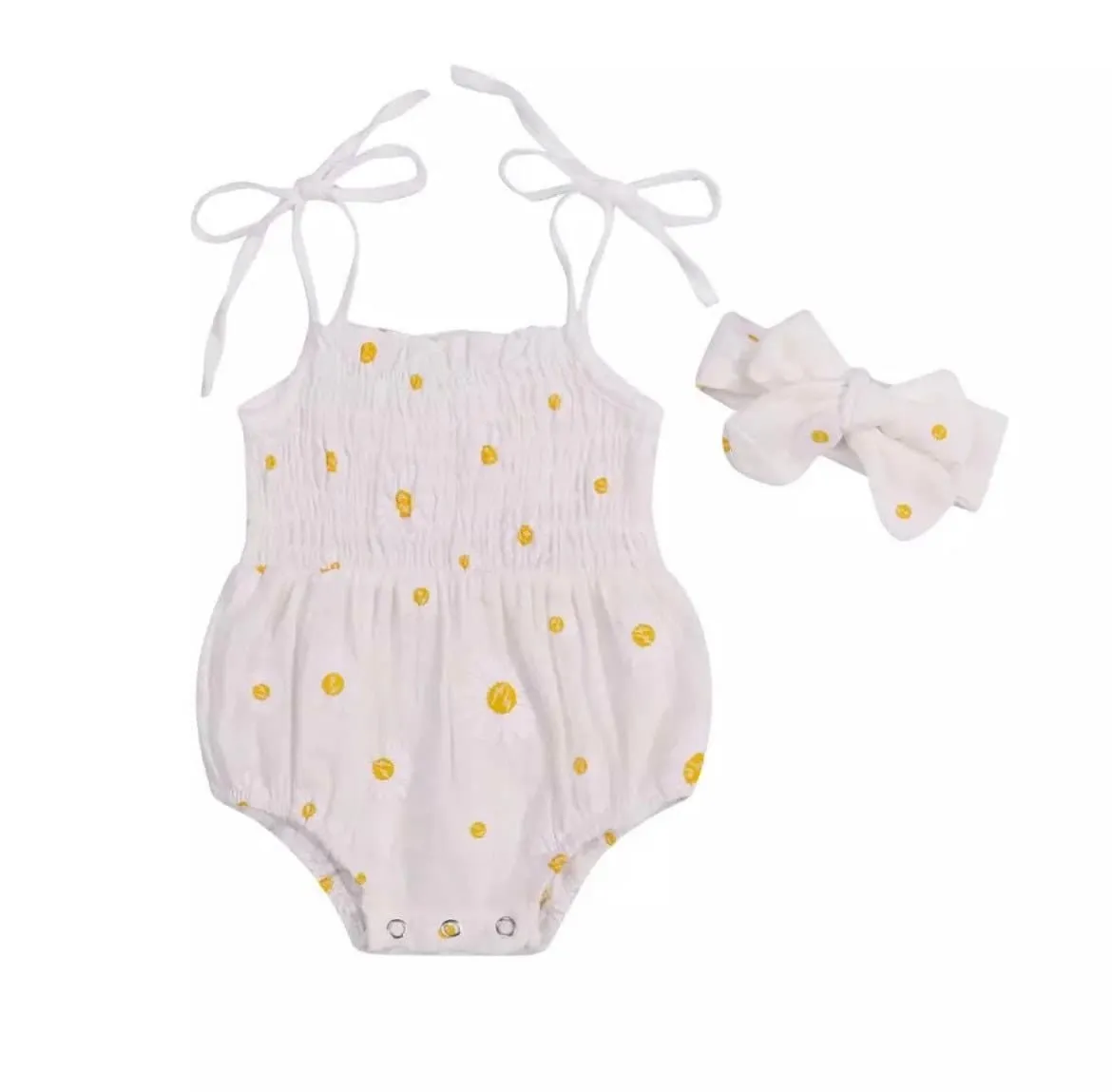 Girls Muslin Daisy Romper and Headband Set