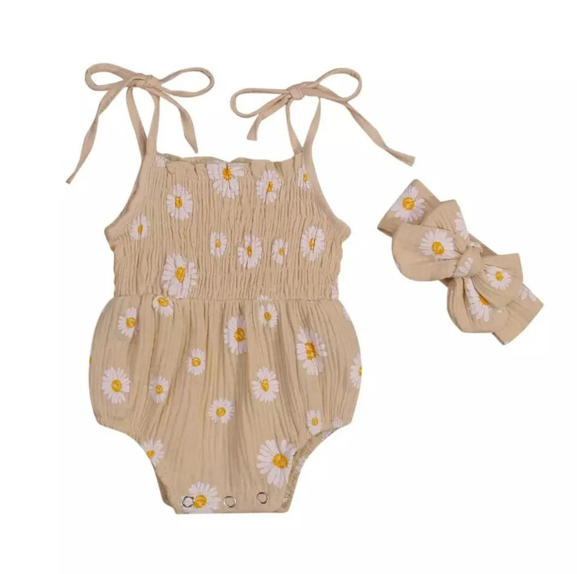 Girls Muslin Daisy Romper and Headband Set