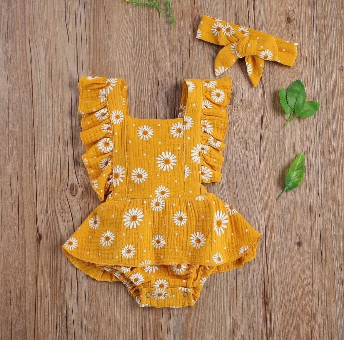 Girls Muslin Daisy Romper and Headband Set