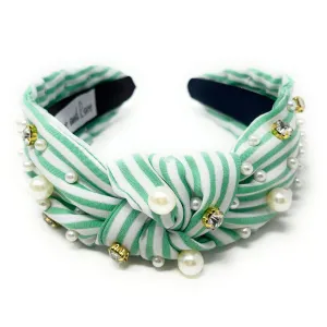 Green Stripe Knot Jeweled Headband