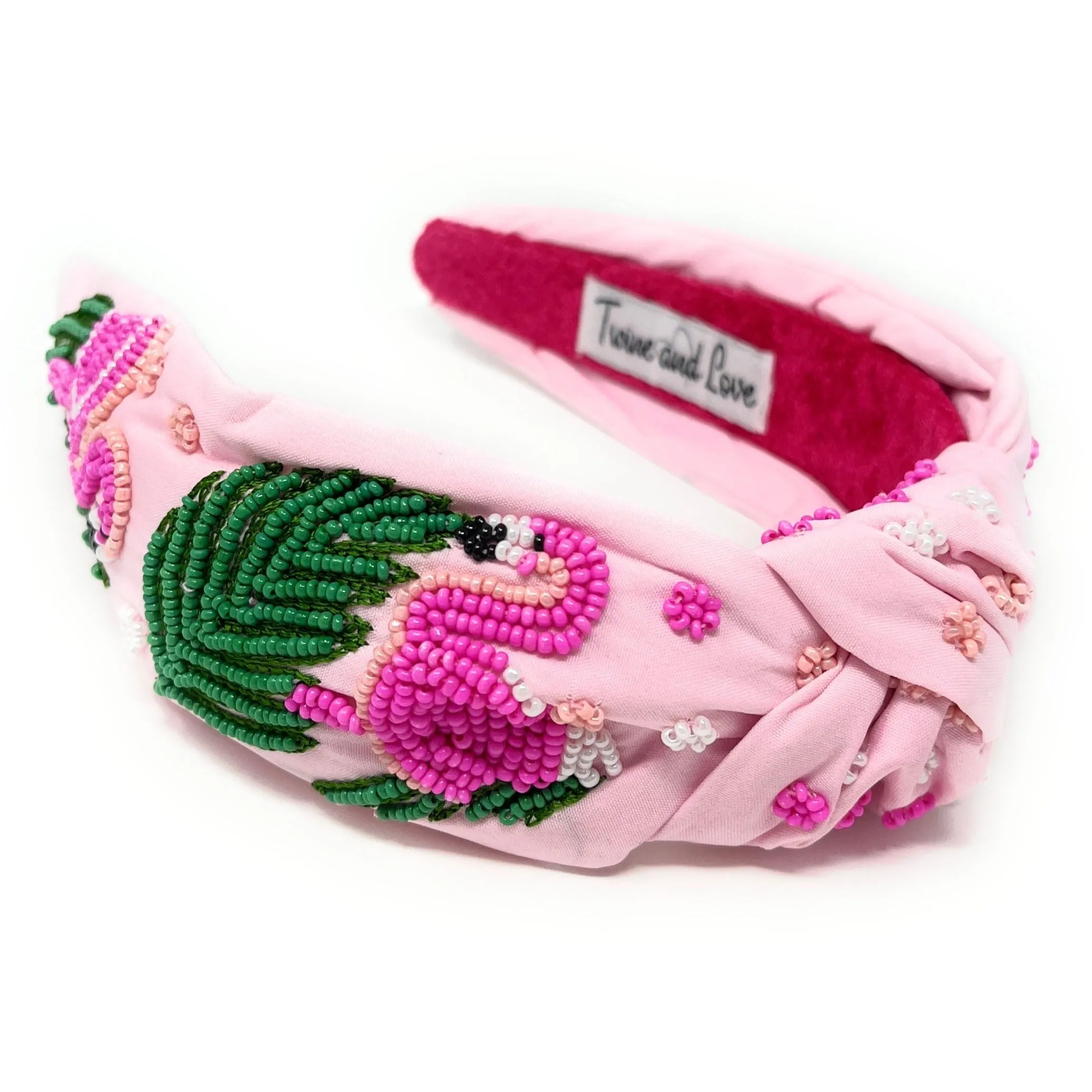 Hand Beaded Pink Flamingo Knot Headband