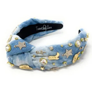 Hand Sewn Denim Lets Go Girls Jeweled Knot Headband