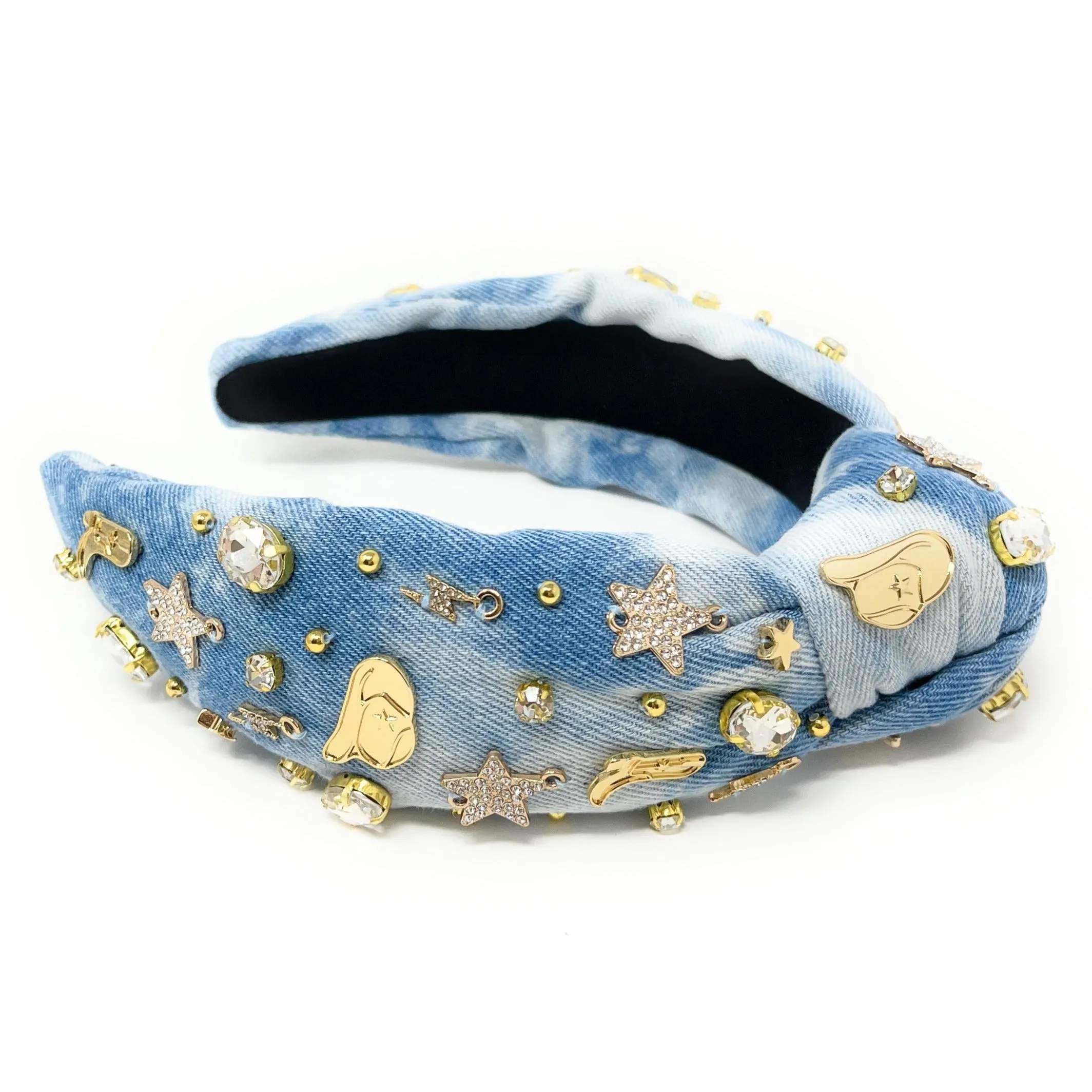 Hand Sewn Denim Lets Go Girls Jeweled Knot Headband