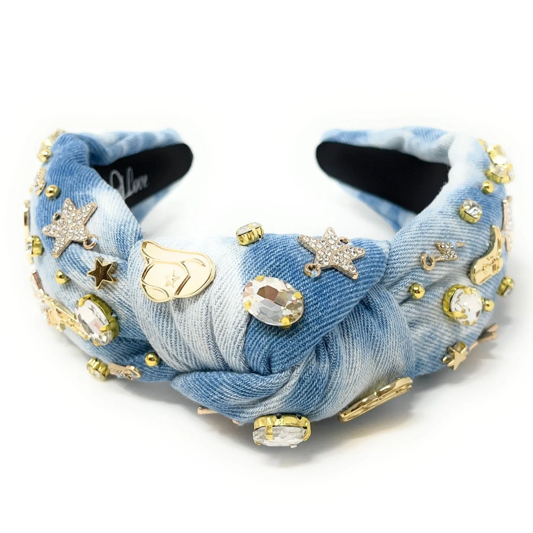 Hand Sewn Denim Lets Go Girls Jeweled Knot Headband