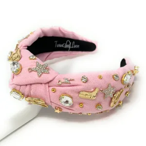 Hand Sewn Pink Lets Go Girls Jeweled Knot Headband