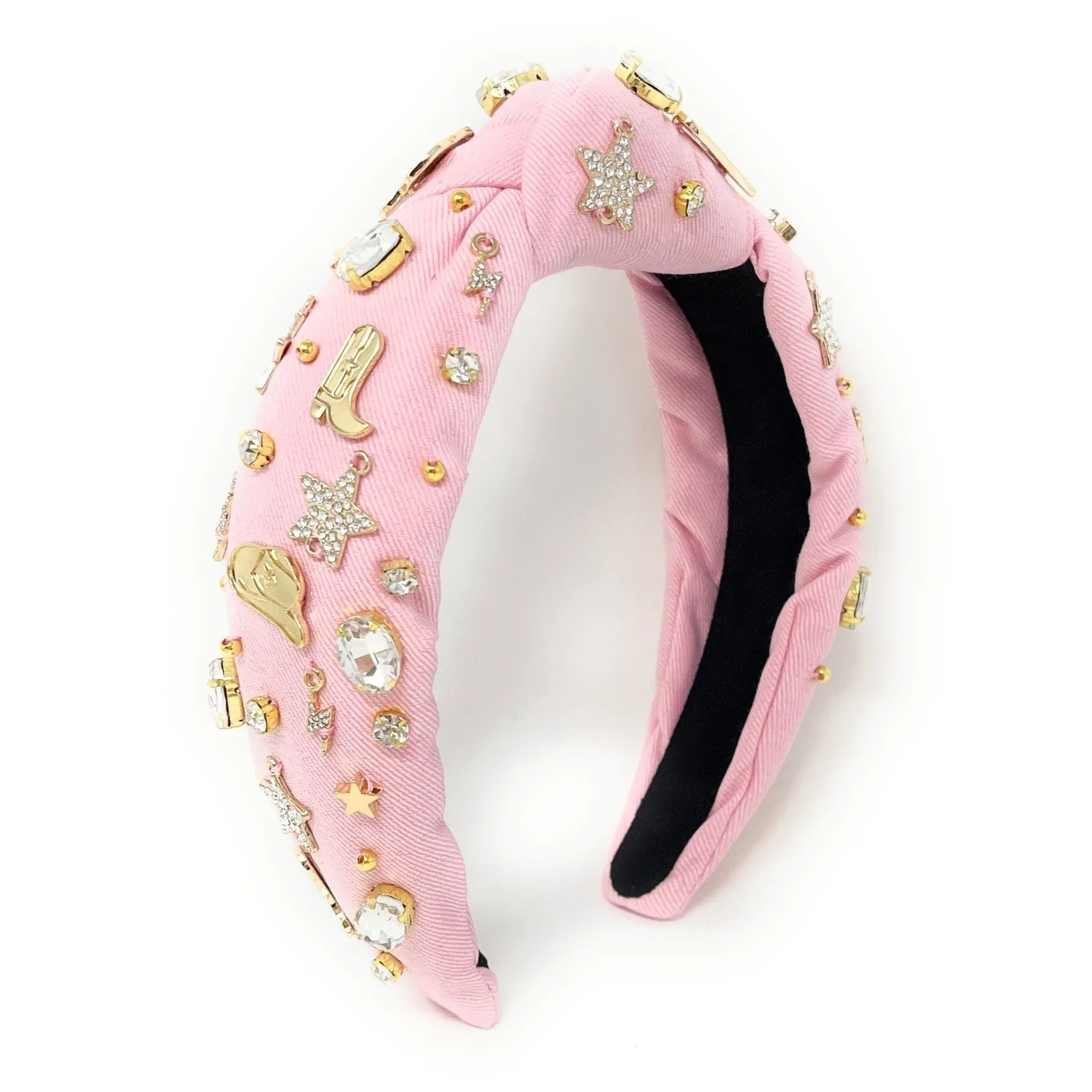 Hand Sewn Pink Lets Go Girls Jeweled Knot Headband