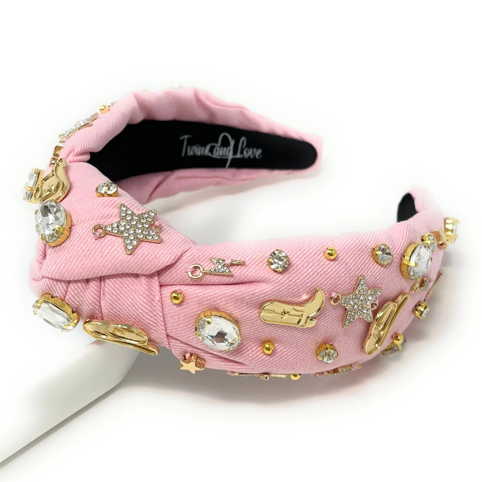 Hand Sewn Pink Lets Go Girls Jeweled Knot Headband