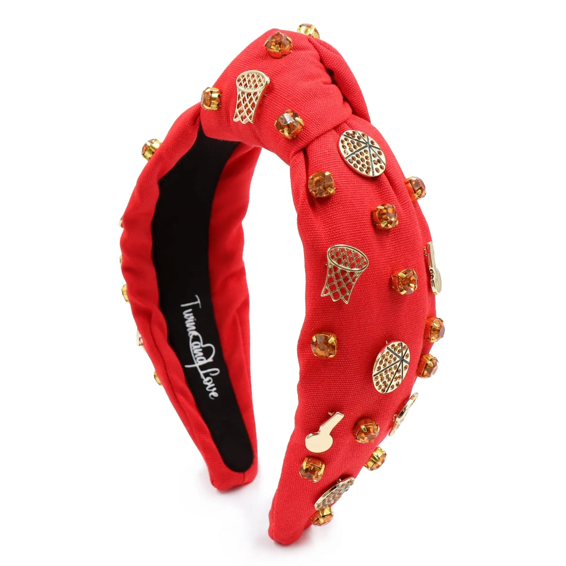 Hand Sewn Red Basketball Jeweled Knot Headband