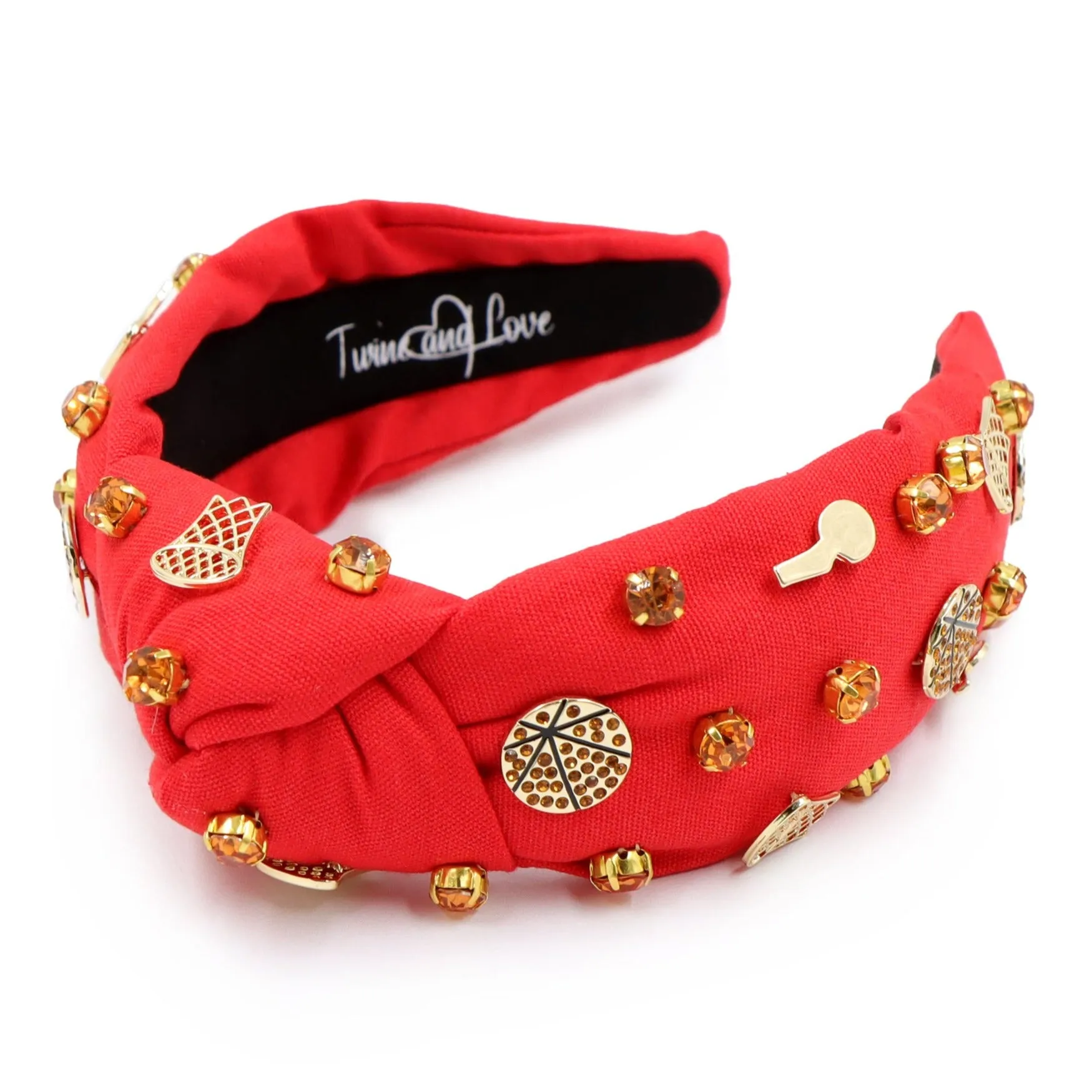 Hand Sewn Red Basketball Jeweled Knot Headband